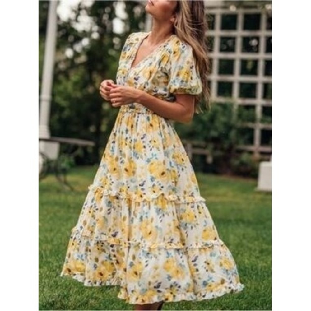 JessaKae Limon Dress Women's XS White Yellow Floral Smocked Tiered Midi Encanto